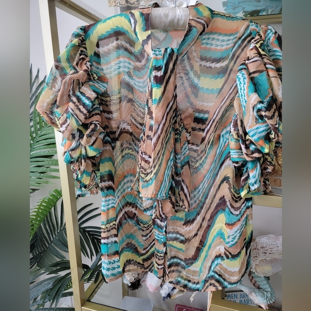 Boutique Sheer Puff Sleeve Bow Fall Top - Women's Size Medium - Picture 4 of 6